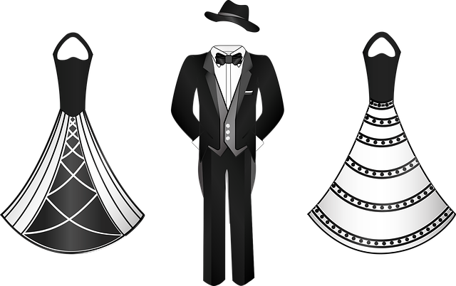 kreslené večerní šaty a tuxedo pro muže